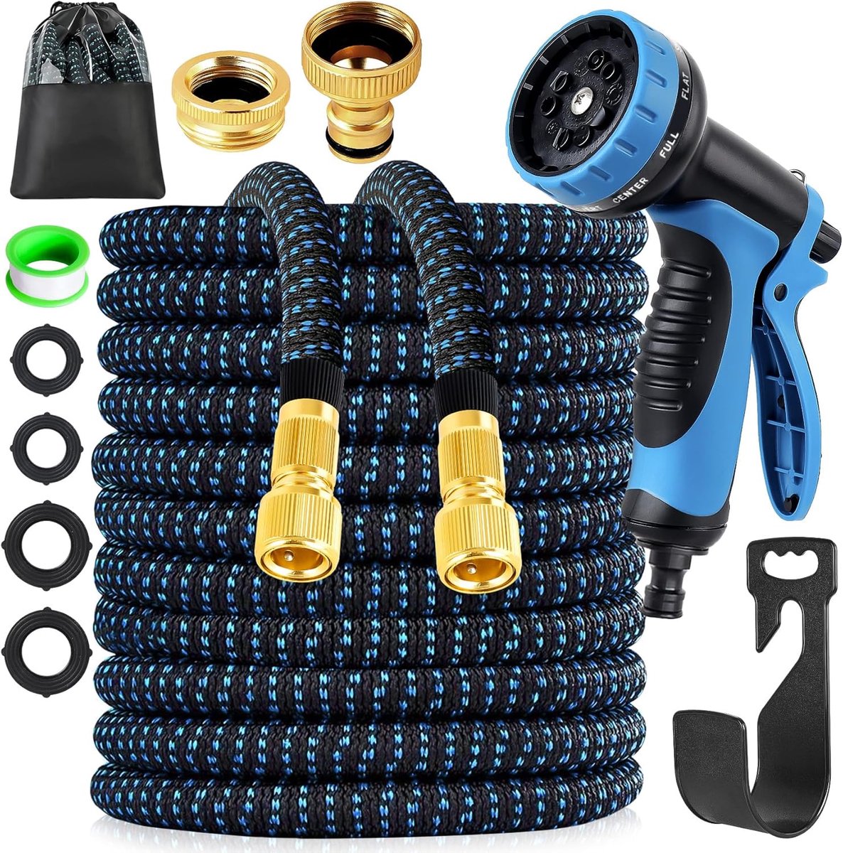 Tuinslang, flexibel, 30 m, verbeterde 3-voudig rekbare flexibele waterslang, 3-laagse latex flexibele slang, duurzaam, tuinslangset met sproeier, flexibele tuinslang met connector en ophanging