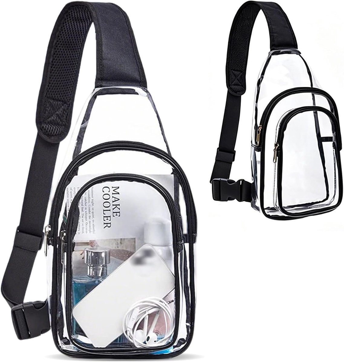 SnelShoppen - Transparante PVC Heuptas, Goedgekeurd voor Stadion, Schoudertas voor Mannen en Vrouwen met Verstelbare Band, Robuuste Rugtas voor Concer