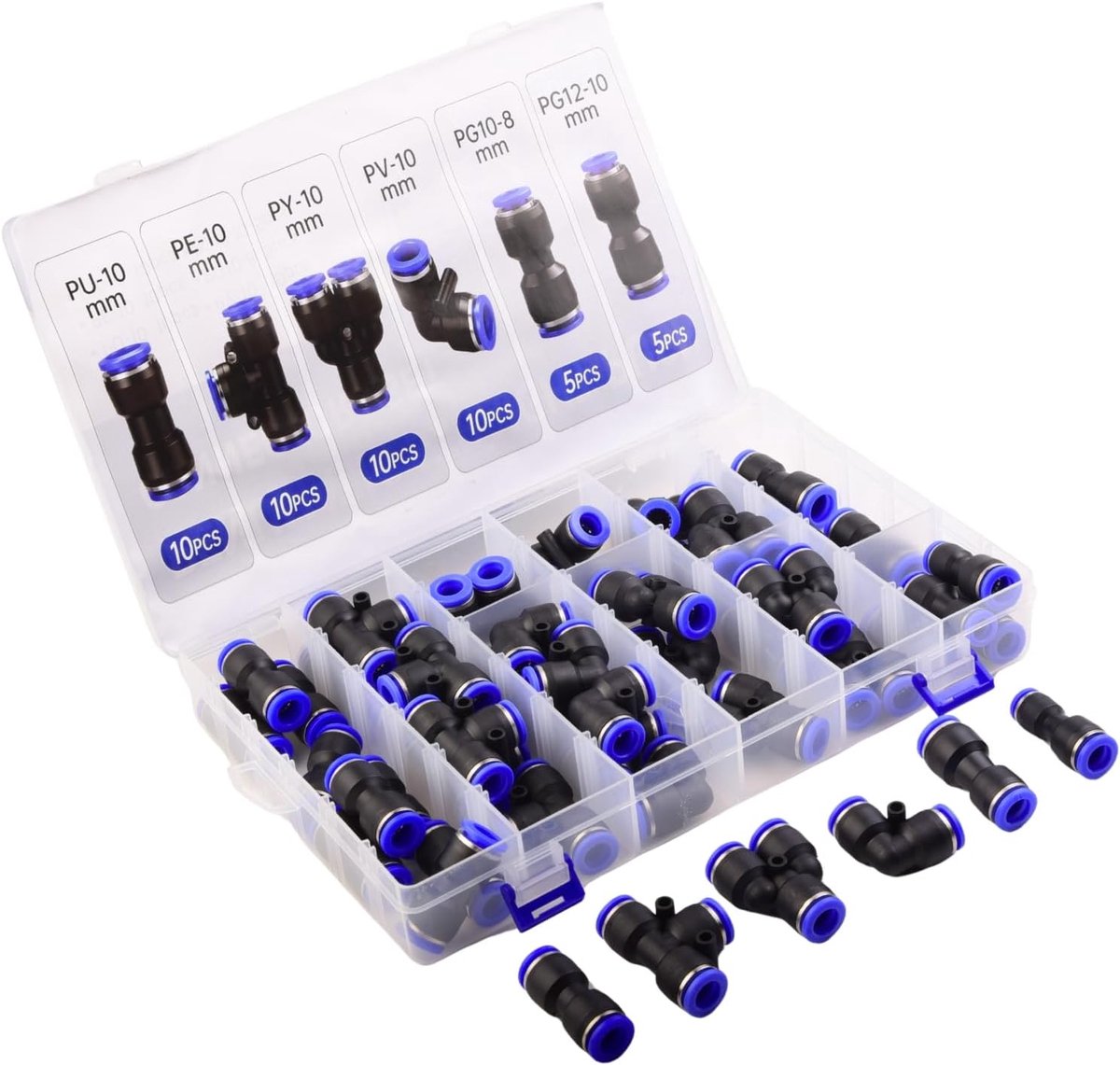 Pneumatische push-in connectoren set 10mm - Snelkoppelingen recht, Y, T, V - Ideaal voor werkplaats - ShopVlot