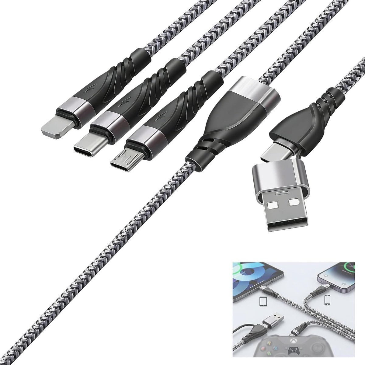 Multi USB Oplaadkabel 5 in 1 - 1,2 meter - Micro USB en USB-C - Snelladen van meerdere apparaten - ShopVlot