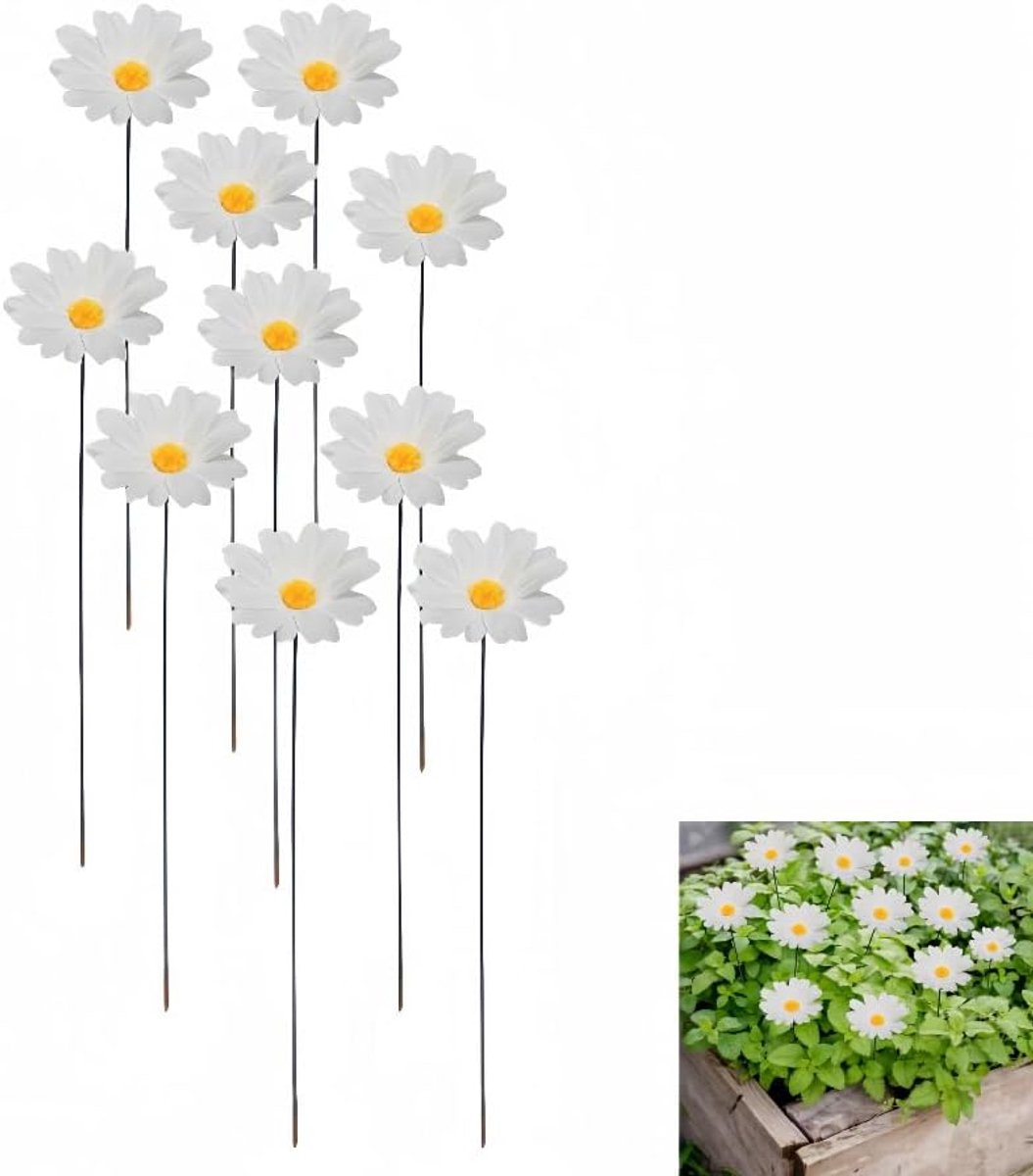 Tuindecoratie met madeliefjes - 30 cm - metalen en zijden bloemen - vrolijke lentebloemen voor tuin - ShopVlot