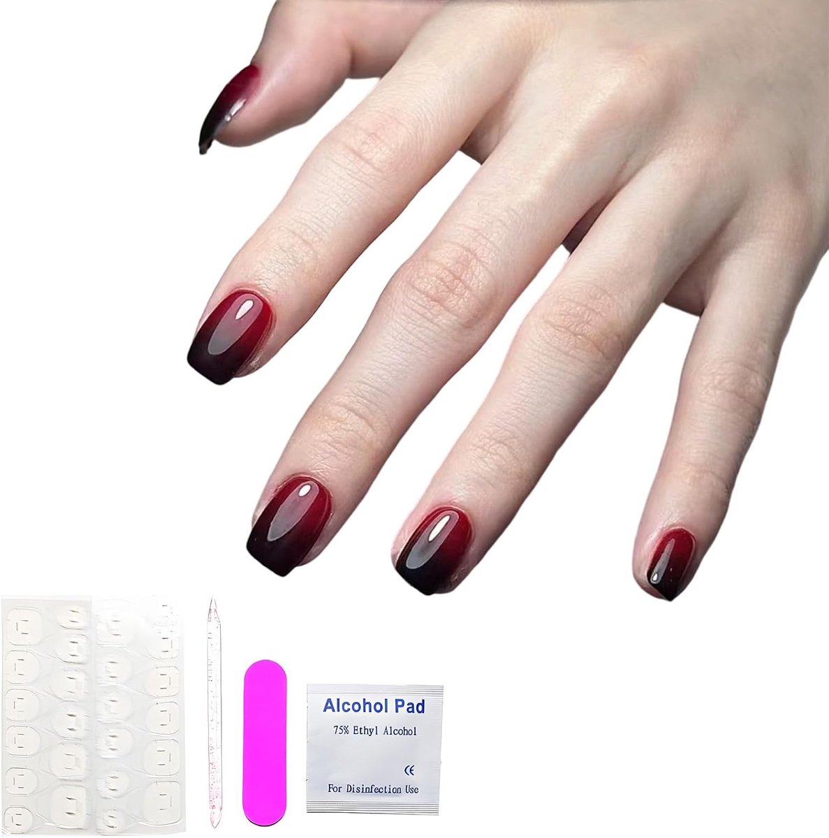 Korte Vierkante Zelfklevende Kunstnagels - Rood-Zwart Ombré - Herbruikbare Franse Nageldecoratie - ShopVlot