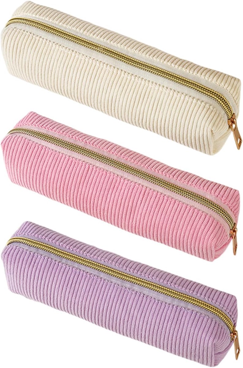 3-Delige Corduroy Etui - Grote Opslag - Roze, Beige, Paars - Ideaal Voor Studenten - ShopVlot