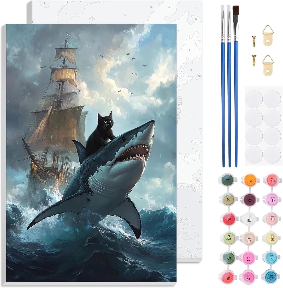 Schilderen op nummers - Haai, Oceaan - Schilder set met lijst - Creatieve hobby voor volwassenen - ShopVlot