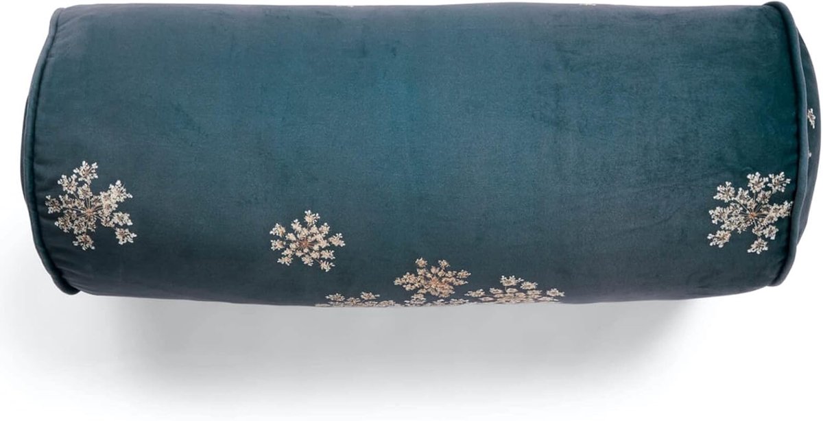 Rolkussen 22x50cm - 100% polyester velvet - Indigo blauw met bloemen - Perfect voor ontspanning - ShopVlot