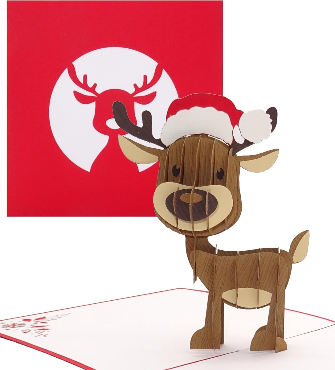 Pop-up kaart rendier met Santa-hat - grappige 3D kerstkaart - schattige Rudolf - perfect voor kerstgroeten - ShopVlot