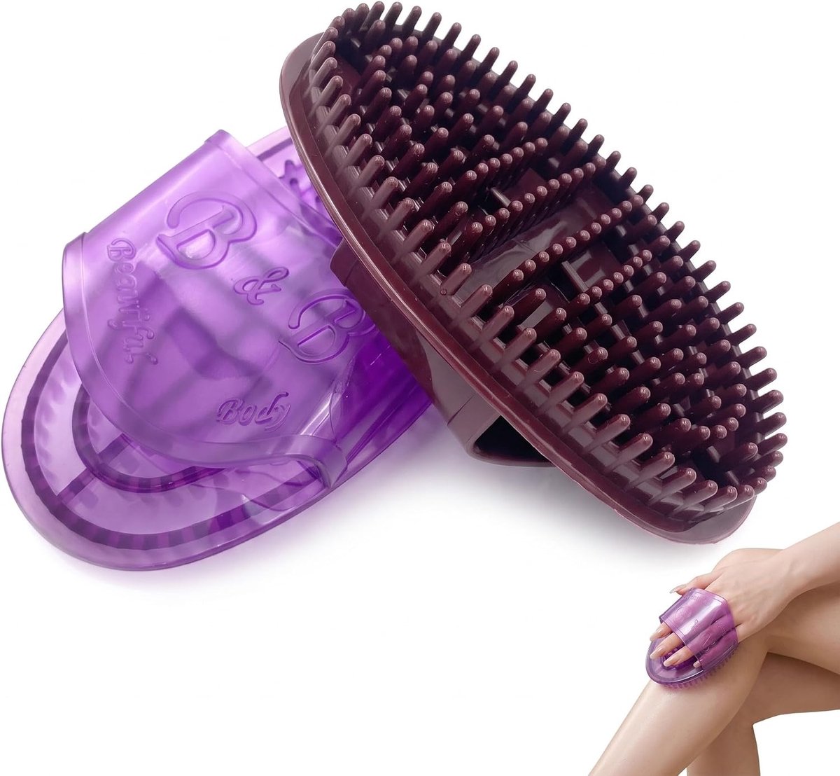 Massageborstelset 2 stuks - massagehandschoen paars en bruin - huidvriendelijk - stimuleert wellness - ShopVlot