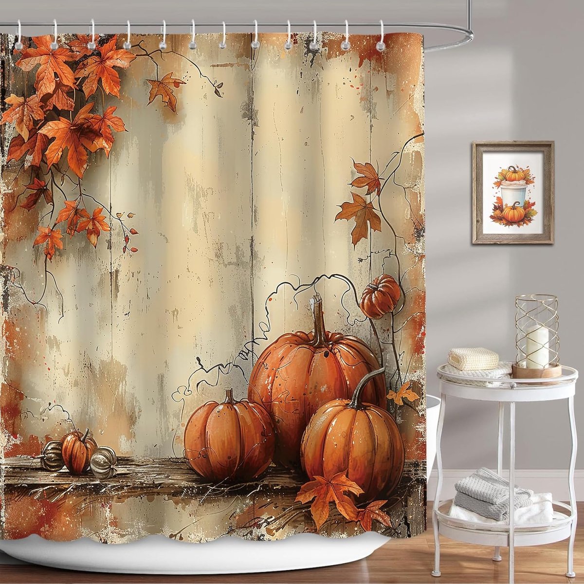 Douchegordijn 180x180cm - herfstblad en pompoen - vintage farmhouse - waterdicht en machinewasbaar - ShopVlot