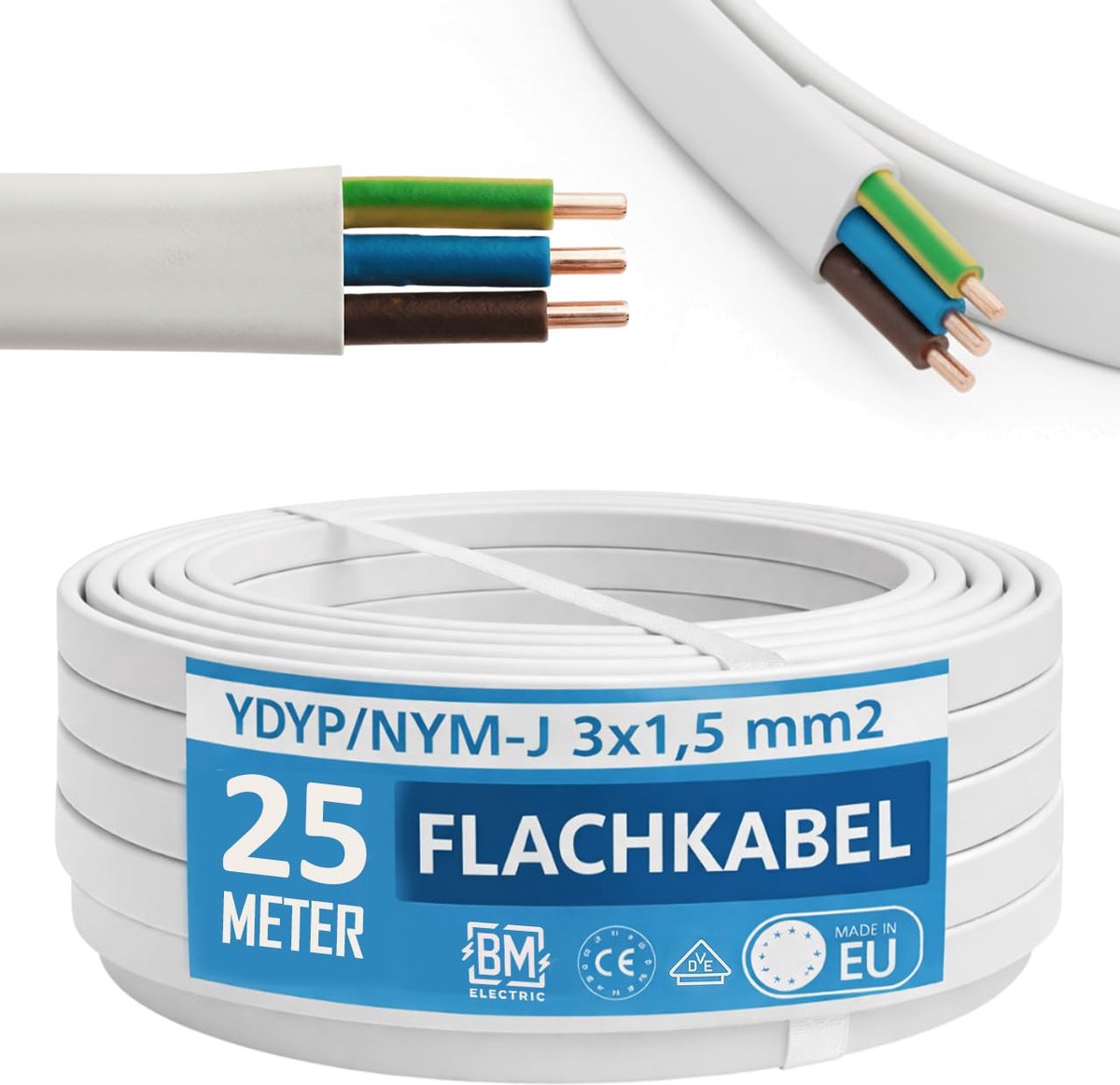 Powerkabel 3 x 1.5 mm² - 25 m vlak kabel - 10 x 5 mm - geschikt voor natte ruimtes - ShopVlot