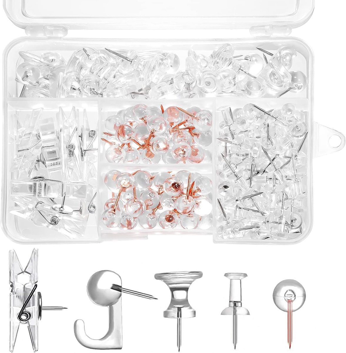 Duidelijke duimspijkers set van 200 - met opslagdoos - veelzijdig en decoratief - perfect voor prikborden - ShopVlot