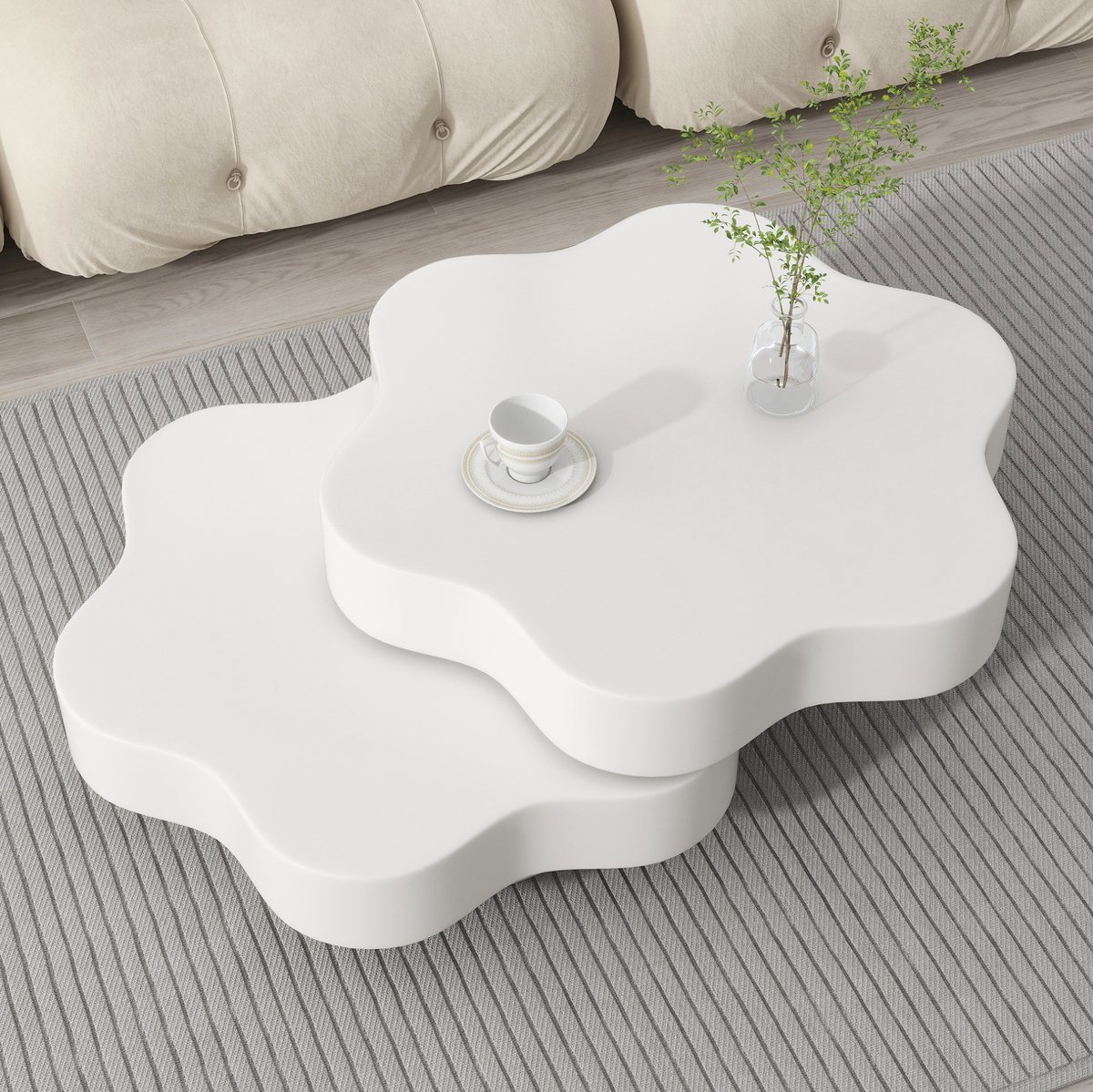 OKWISH Salontafel Bloemvorm 360 Graden Draaibaar Dubbellaags Met Opbergruimte MDF Cremewit 74,8 X 67,5 X 31 Cm