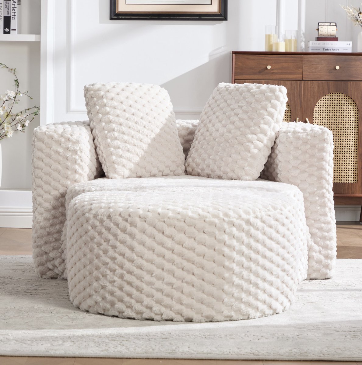 MEUNIQ Fauteuil met hocker 1-zits, pluche stoffering, zonder montage, comfortabele relaxstoel voor woonkamer, slaapkamer of lounge, beige