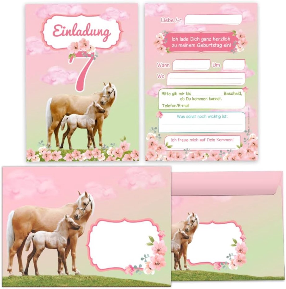uitnodigingskaarten 12 stuks - 7e verjaardag meisje - met paard en veulen - leuke decoratie voor feest - ShopVlot
