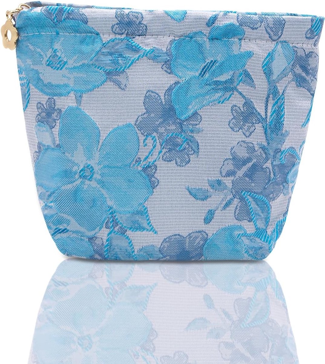 Make-up tasje klein - bloemenprint - ijsblauw - ideaal voor onderweg - ShopVlot