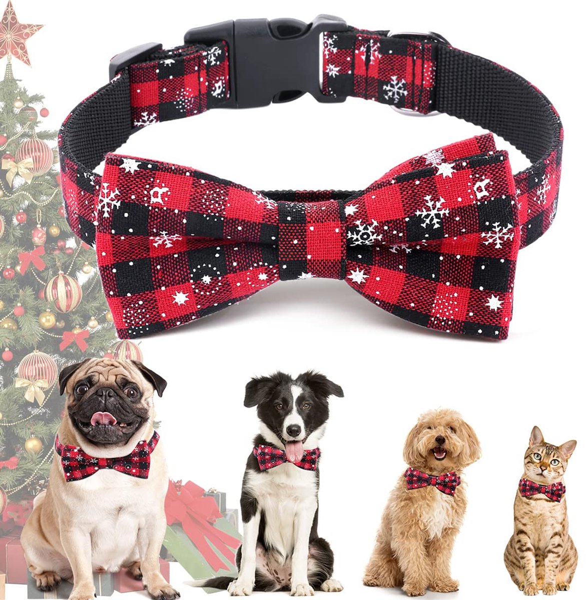 Honden- en kattenhalsband XS - kerst geruit - afneembare strik - perfect voor feestdagen - ShopVlot
