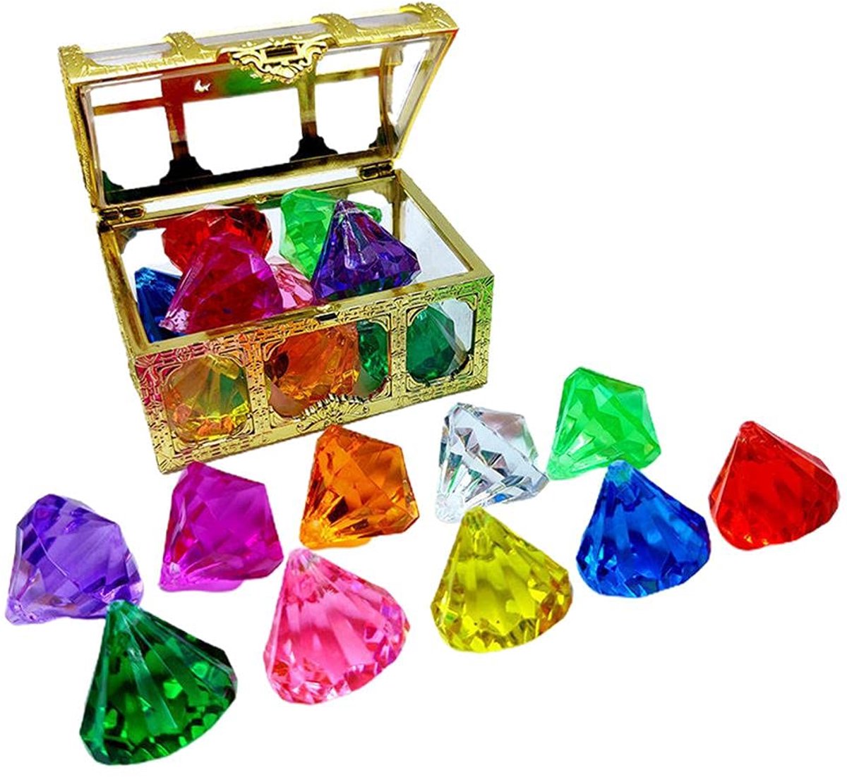 Kunststof transparante schatkist - 10 kleurrijke diamanten - retro mini schatkist - ideale juwelendoos voor kinderen - ShopVlot