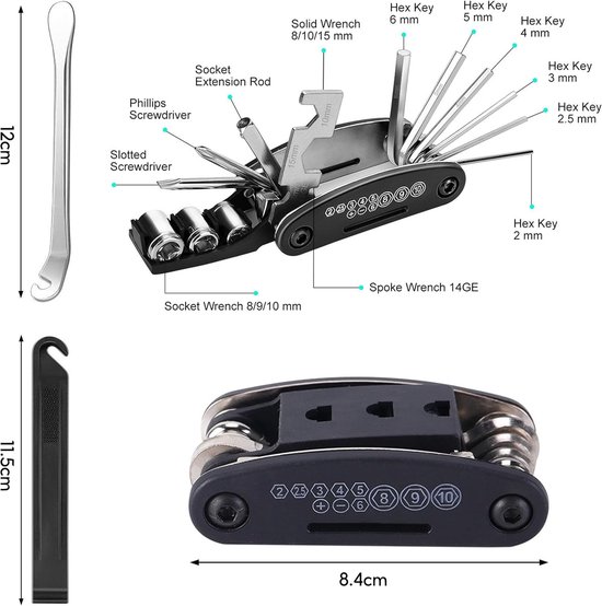 Fiets reparatieset - Bandenset gereedschap - Onderweg repareren - 16-delige set - Universeel - Zwart van fiets — afbeelding 5