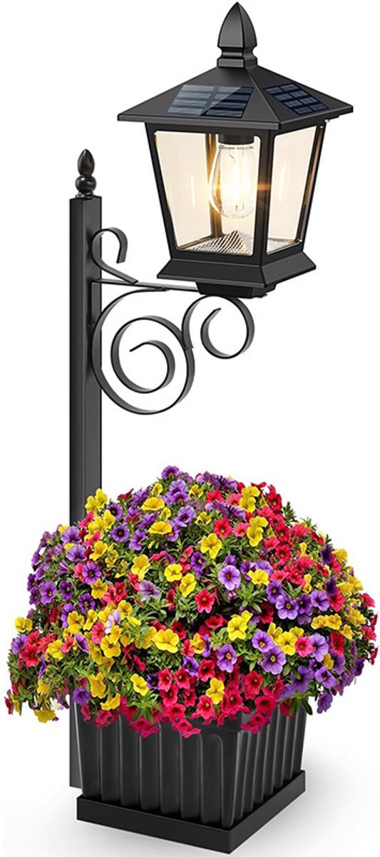 Casalora Lantaarnpaal - Solar Tuinlamp met Bloembak (Zonder bloemen)- 70 cm – Klassieke Lantaarnpaal op Zonne-energie met Glas en Metalen Frame, Automatische Schemeringssensor, Warm Wit Licht voor Tuin, Oprit en Terras
