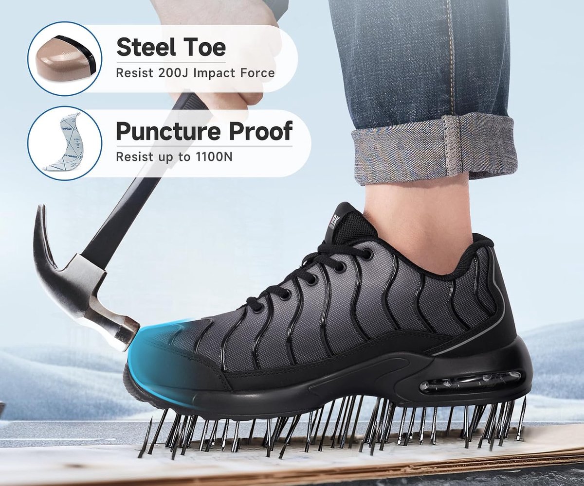 veiligheidsschoenen 46EU - zwart grijs - stalen neus - comfortabele air cushion sneakers - ShopVlot