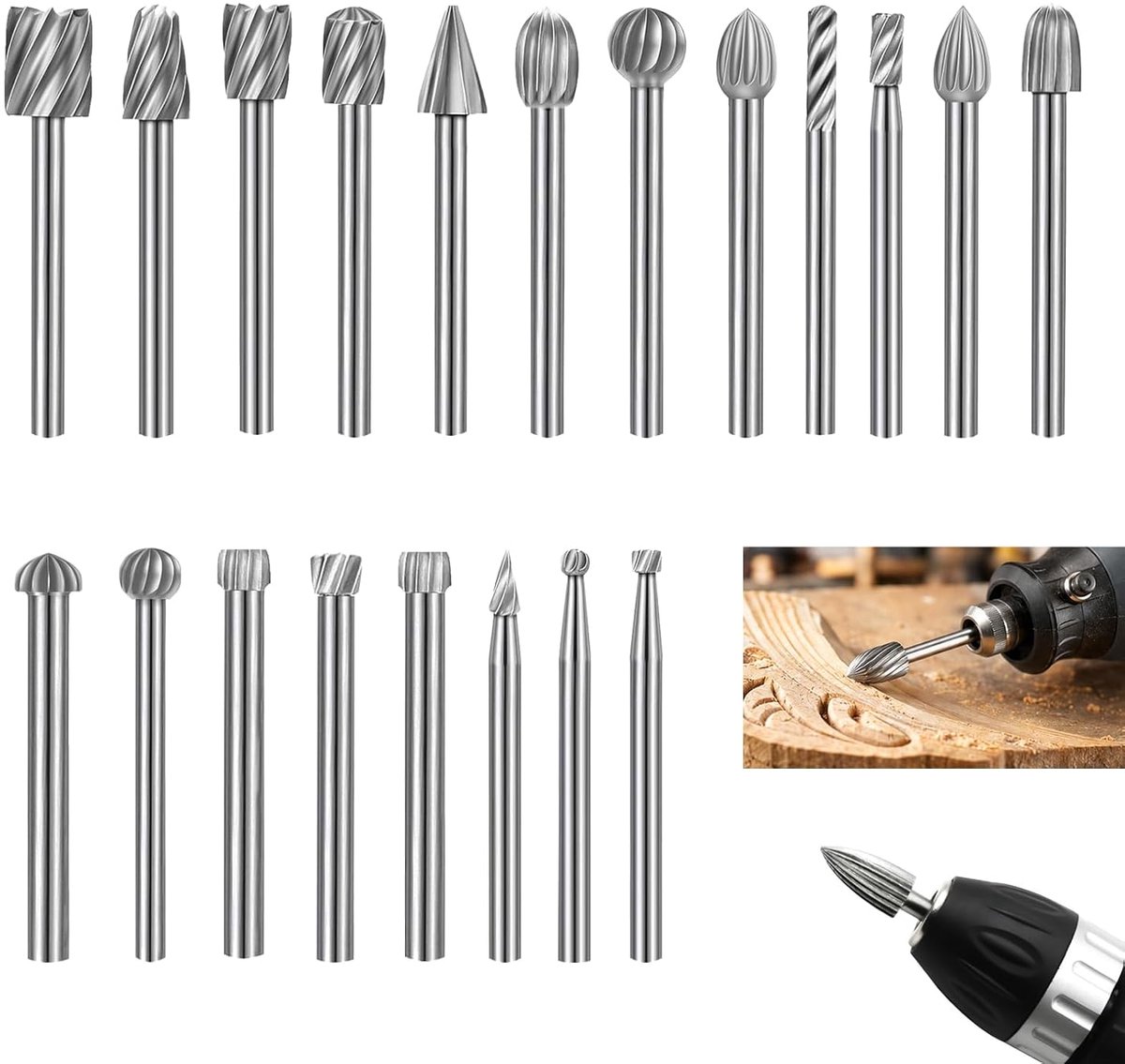 Set van 20 roterende frees 3 mm schacht - wolfraamcarbide HSS - hardmetalen bits - ideaal voor graveren en snijden - ShopVlot