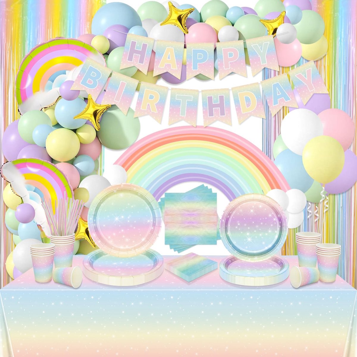 Verjaardagsfeest Decoratie Set - Pastel Rainbow - Inclusief Banner, Tafelkleed en Ballonnen - Voor 20 Personen - ShopVlot