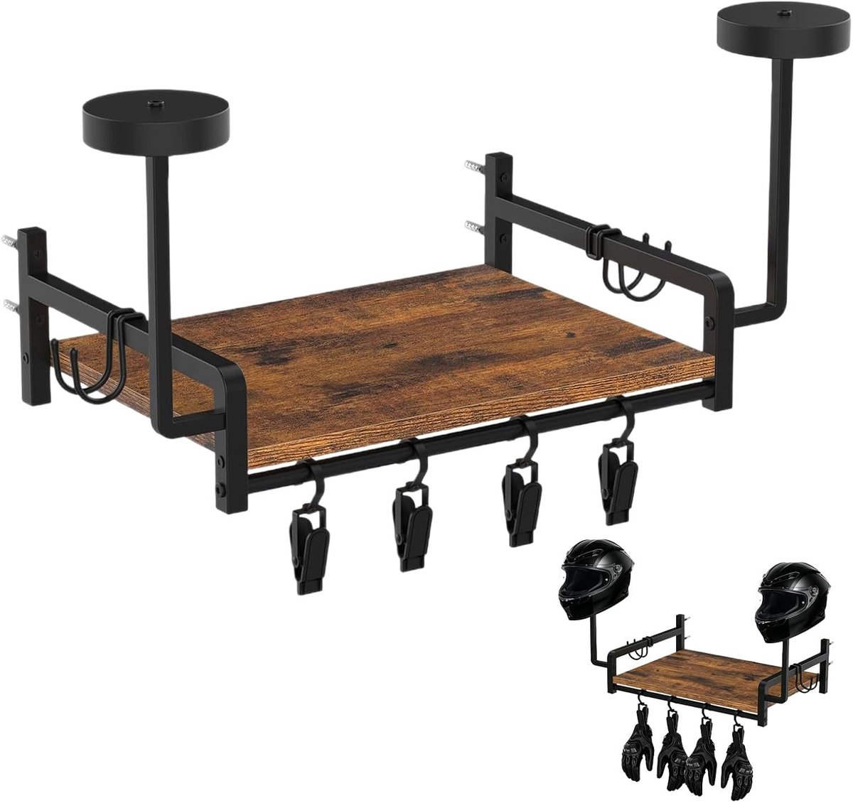 Motorhelmstandaard 43 x 30 cm - Rustiek zwart hout en metaal - Wandorganizer met 4 clips en haken - ShopVlot