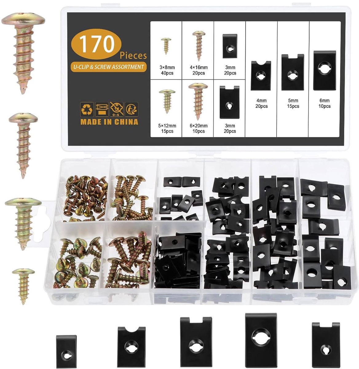 U-Clip en Schroef Assortiment 170pcs - 5 Maten U-Stijl - Robuust Stalen Materiaal - Voor Auto Motorbevestiging - ShopVlot