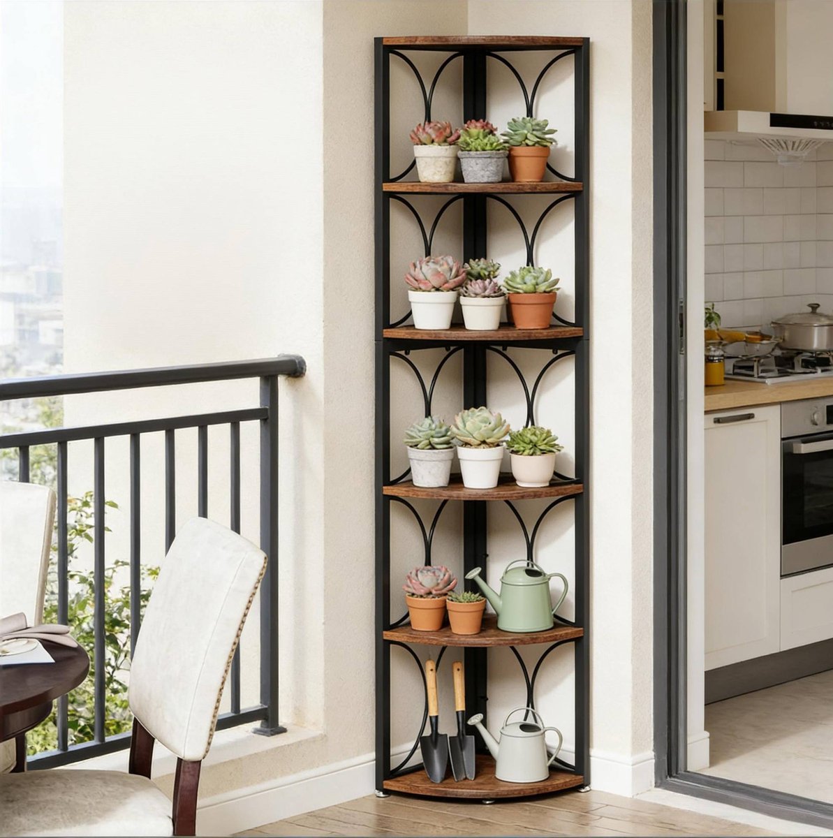 MIVRAY Hoekrek – 6 Niveaus – Open Opbergkast – Metaal En Hout – Zwart En Rustiek Bruin – Voor Badkamer, Balkon En Kleine Ruimtes