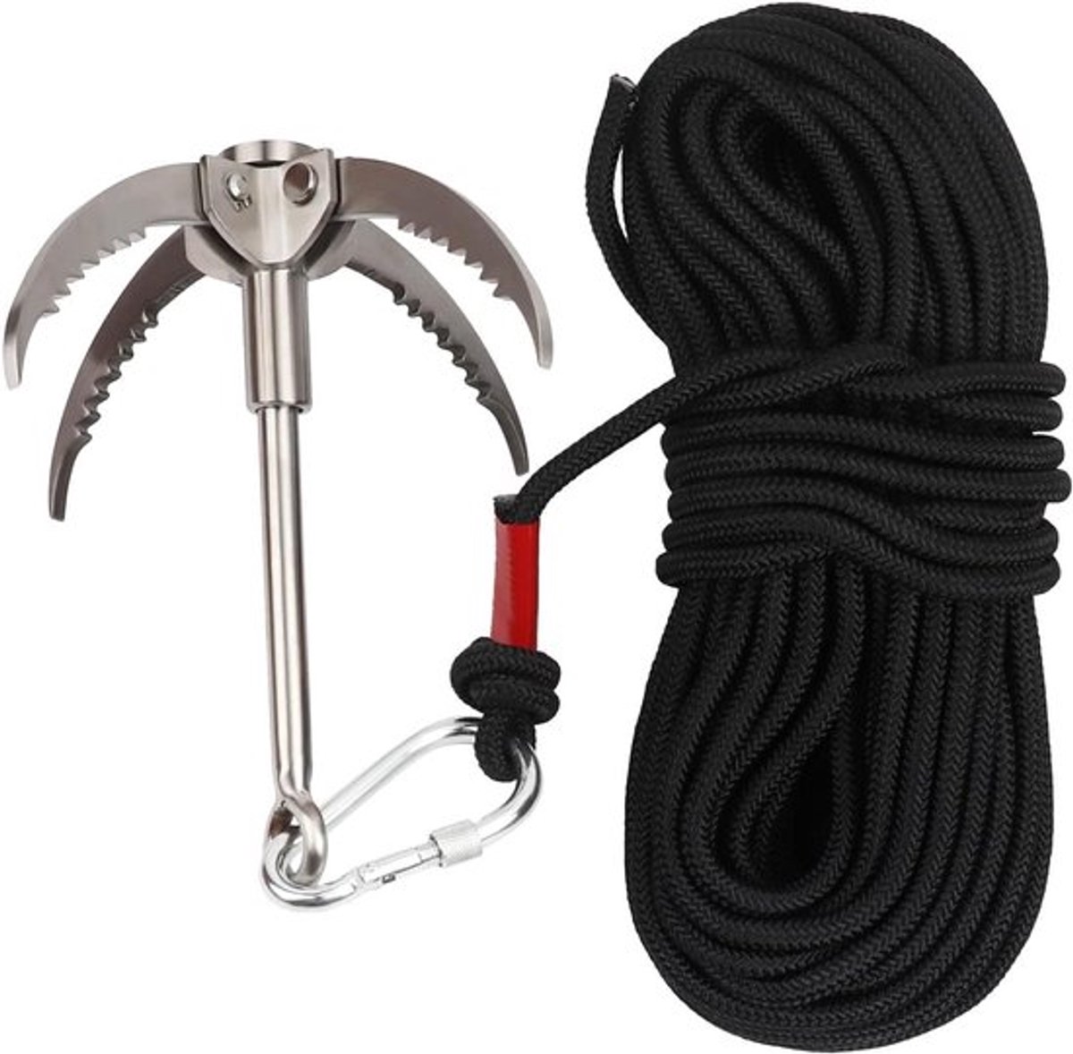 Opvouwbare Klimhaak met Nylon Touw en 20m Hulptouw voor Outdoor Klimmen en Redding - Zwart