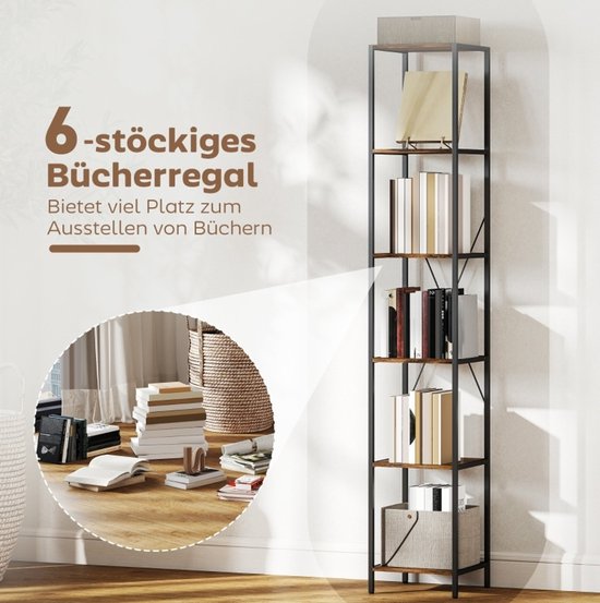 Boekenkast 6 Lagen - 2-Delig Stalen Frame Met X-Versteviging - 30 X 30 X 174,5 Cm - Hout - Rustiek Bruin - Voor Woonkamer, Kantoor En Slaapkamer — afbeelding 2