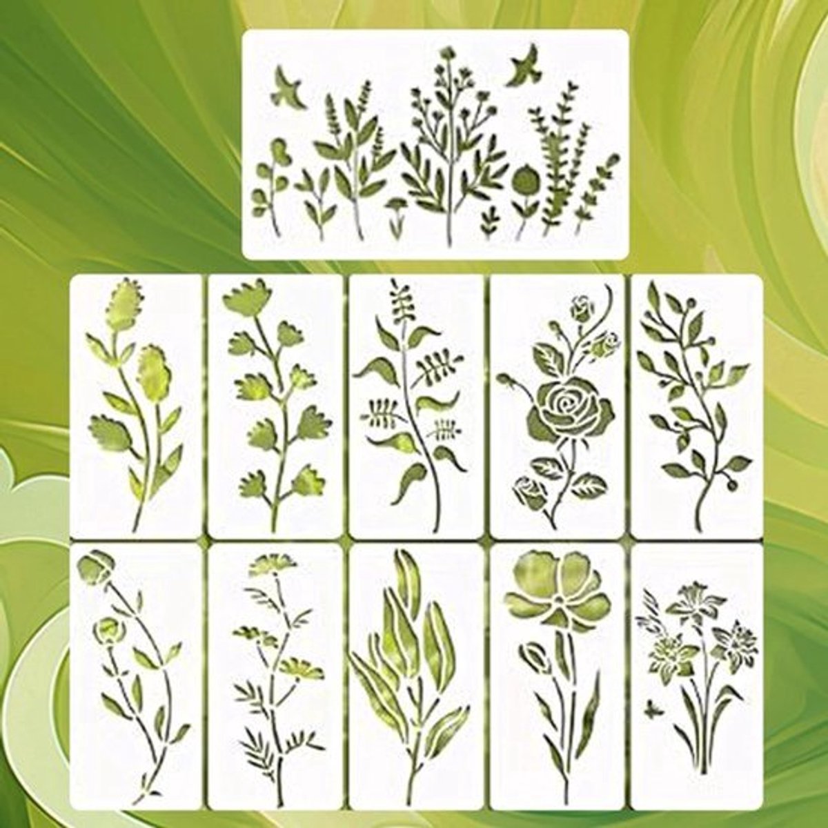 11 stuks herbruikbare bladrankensjablonen voor lentebloemen - Doe-het-zelf knutselprojecten - Schildersjablonen voor hout, muren, meubels, canvas