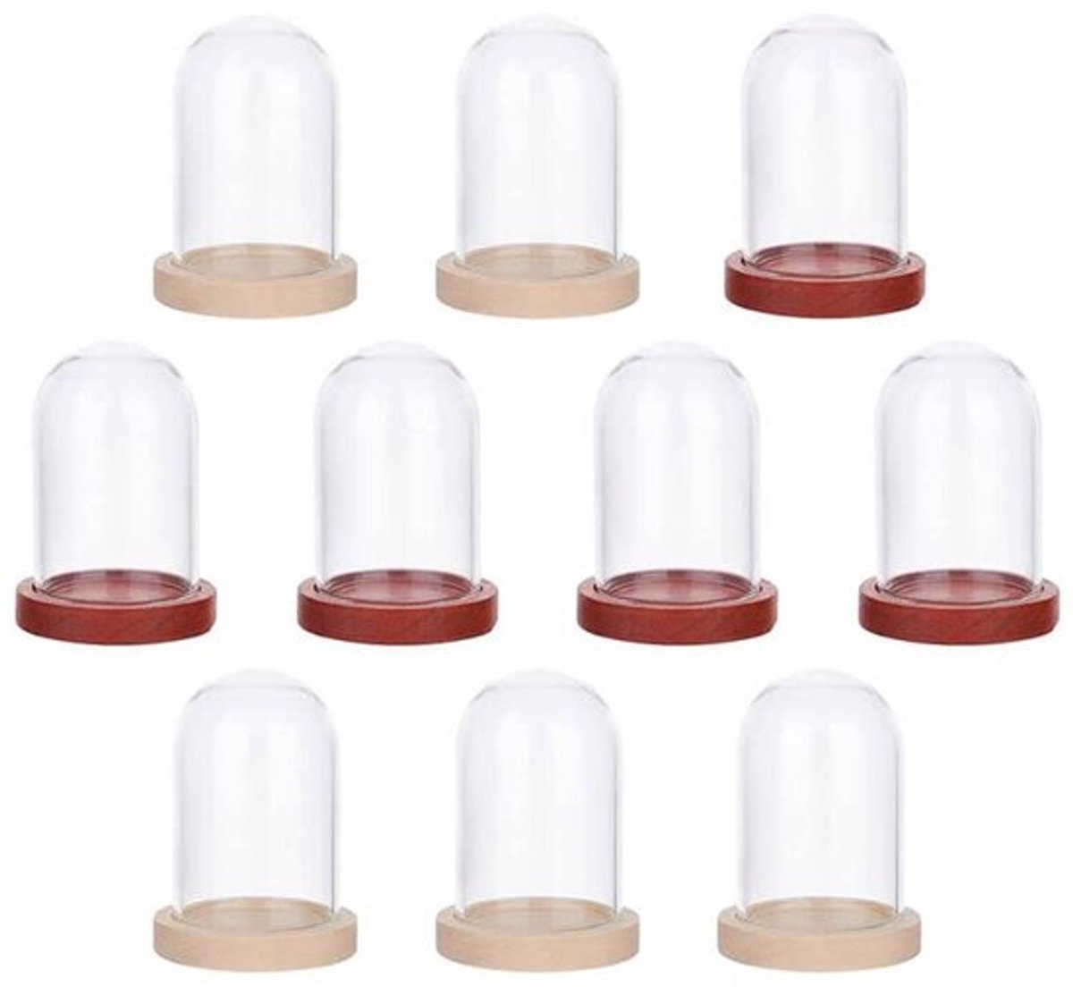 10 sets mini eeuwige bloemen glazen koepelbel, transparante glazen vitrine met 2 bellen in kleur houten bel voor tafelplanten, rotsen, specimens decoraties, 3,8 x 2,5 cm