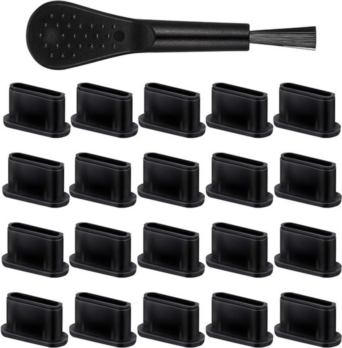 Set van 20 zwarte siliconen anti-stofpluggen voor USB C-poorten met reinigingsborstel voor bescherming tegen stof en vuil