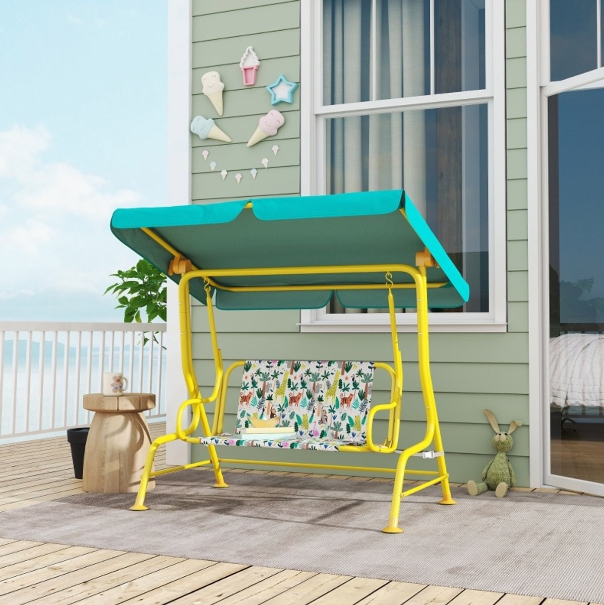 MEUNIQ kinderschommelbank 2-zits met verstelbaar zonnedak en veiligheidsgordel, metalen frame, voor tuin of terras, groen