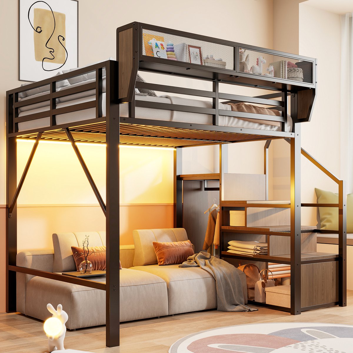 Hoogslaper 140x200cm met LED-verlichting - met veilige ladder en flexibele opbergruimte - kinderbed - zwart - zonder matras