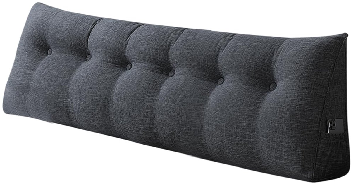 driehoekig, lendensteun, groot rugkussen, katoen en linnen, leeskussen voor bed, leeskussen, afneembaar (DonkerGrijs, 180 x 50 x 20 cm, Katoen en Linnen)