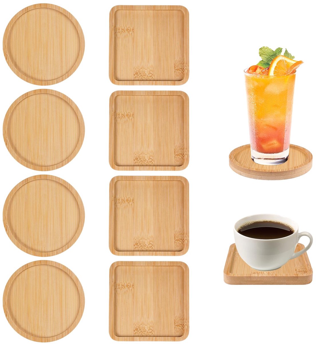 8 Stuks Bamboe Onderzetters, Vierkant en Cirkel Mozaïek Onderzetter, Kaarsenonderzetters, Mini Bamboe Dienblad voor Drinkbekers, Kaarsen, Bloem Plant, Koffie, Cake, Woonkamer Decoratie, DIY