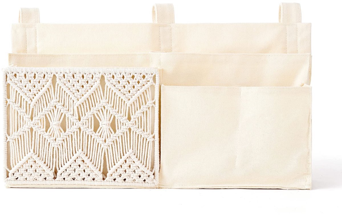 Nachtkastje Caddy Hangende Organizer, Stapelbed Geweven 7 Zakken Bed Opbergtas Boho Afstandsbediening Tijdschrift Boeken Houder met Macrame voor Hoogslaper College Studentenkamer Slaapkamer Baby