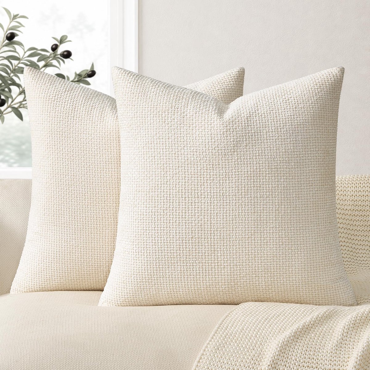 Kussensloop, 50 x 50 cm, set van 2 stuks, in crème, pluizige chenillestof, decoratie, woonkamer, boho, kussen, sierkussen, comfort, geschikt voor bed, tuin, balkon, slaapkamer