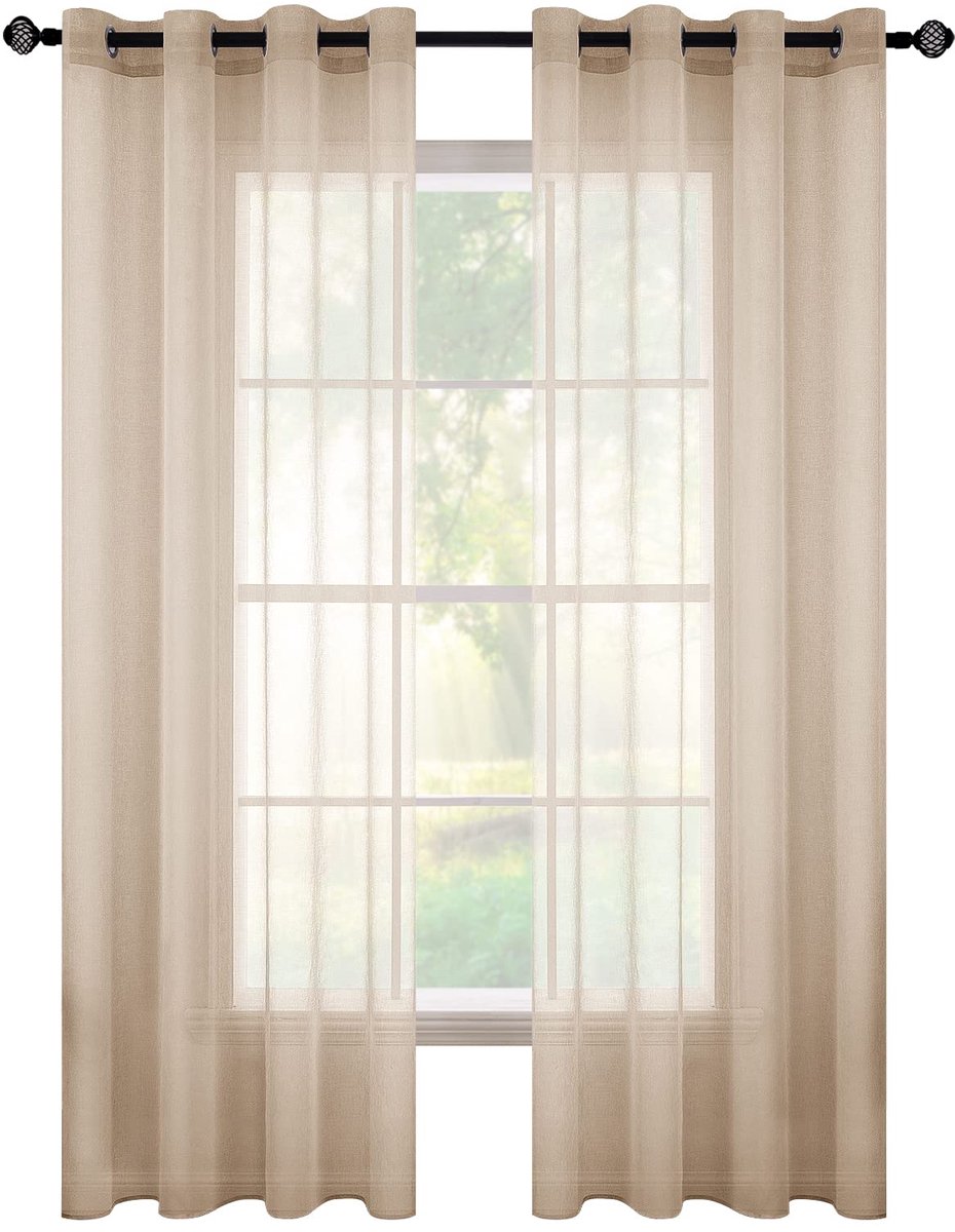 doorschijnende raamgordijnen met 2 panelen, elegante voile raampanelen, gordijnen, raamaankleding voor slaapkamer, woonkamer met ringen bovenaan, 140 cm B x 244 cm L, lichtkaki