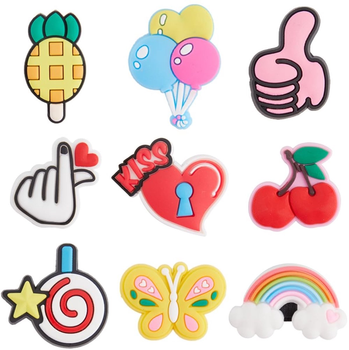 Dailygoods- Schoen Charms 27 Stuks - 9 Stijlen - Cartoon Decoratie - Plastic Kleurrijk - Hand Hart Cherry - Regenboog Gesp Clips - Schoenenbedels