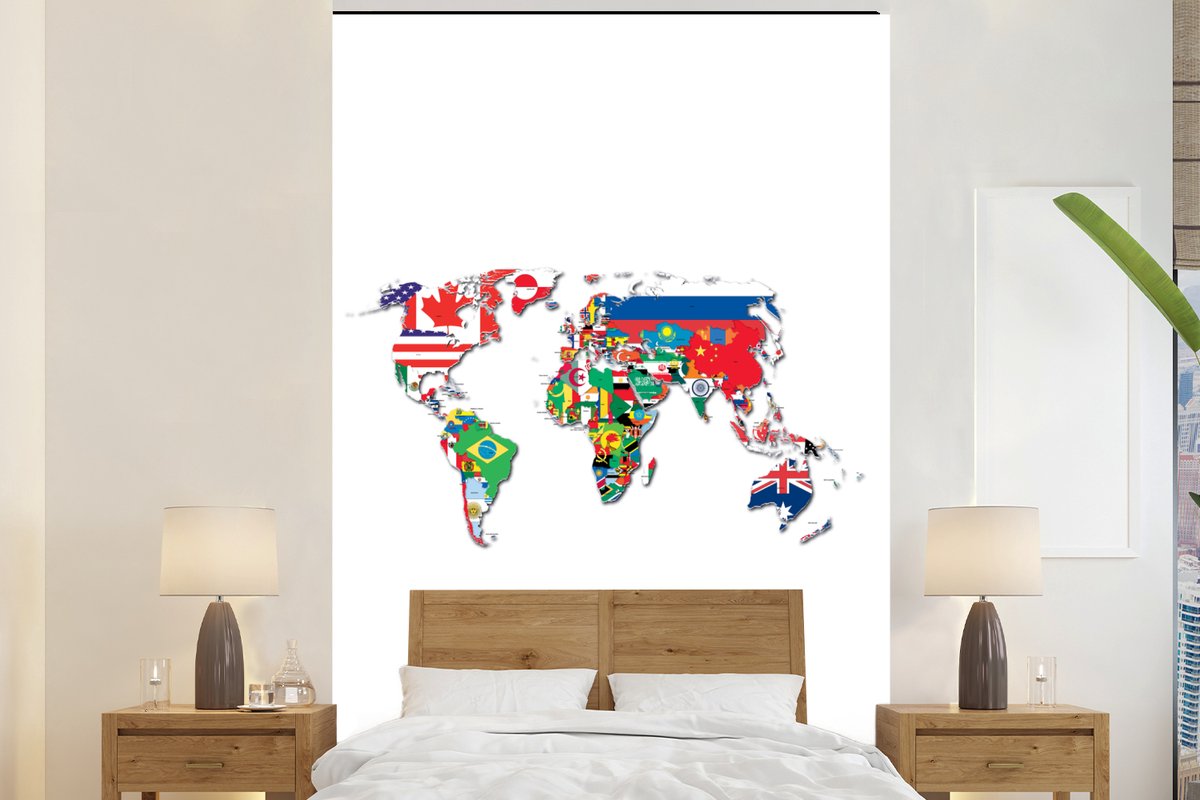 Behang - Fotobehang Wereldkaart - Vlaggen - Trendy - Breedte 145 cm x hoogte 220 cm