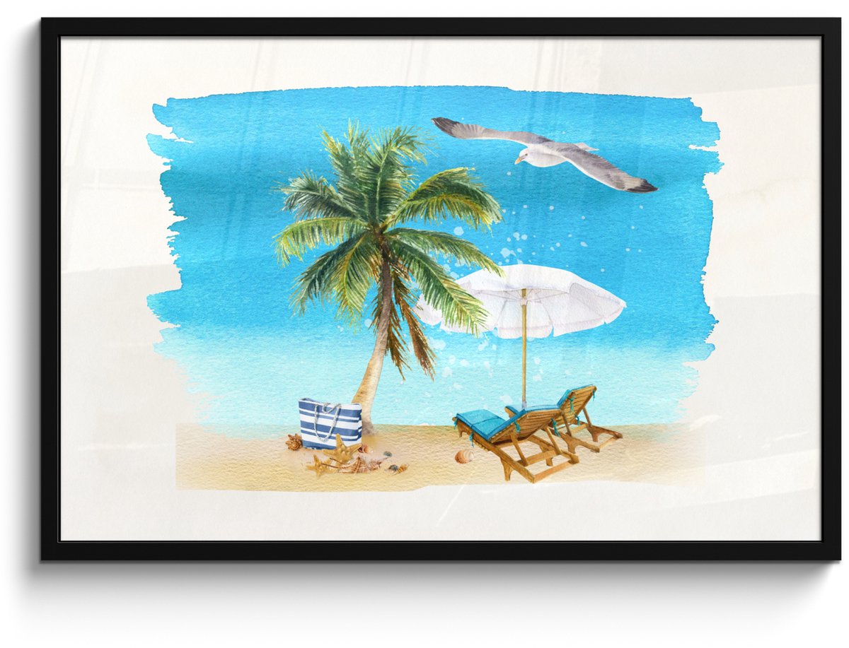 Poster in lijst - Fotolijst 90x60 cm - Posters - Strandstoel - Parasol - Palmbomen - Stran