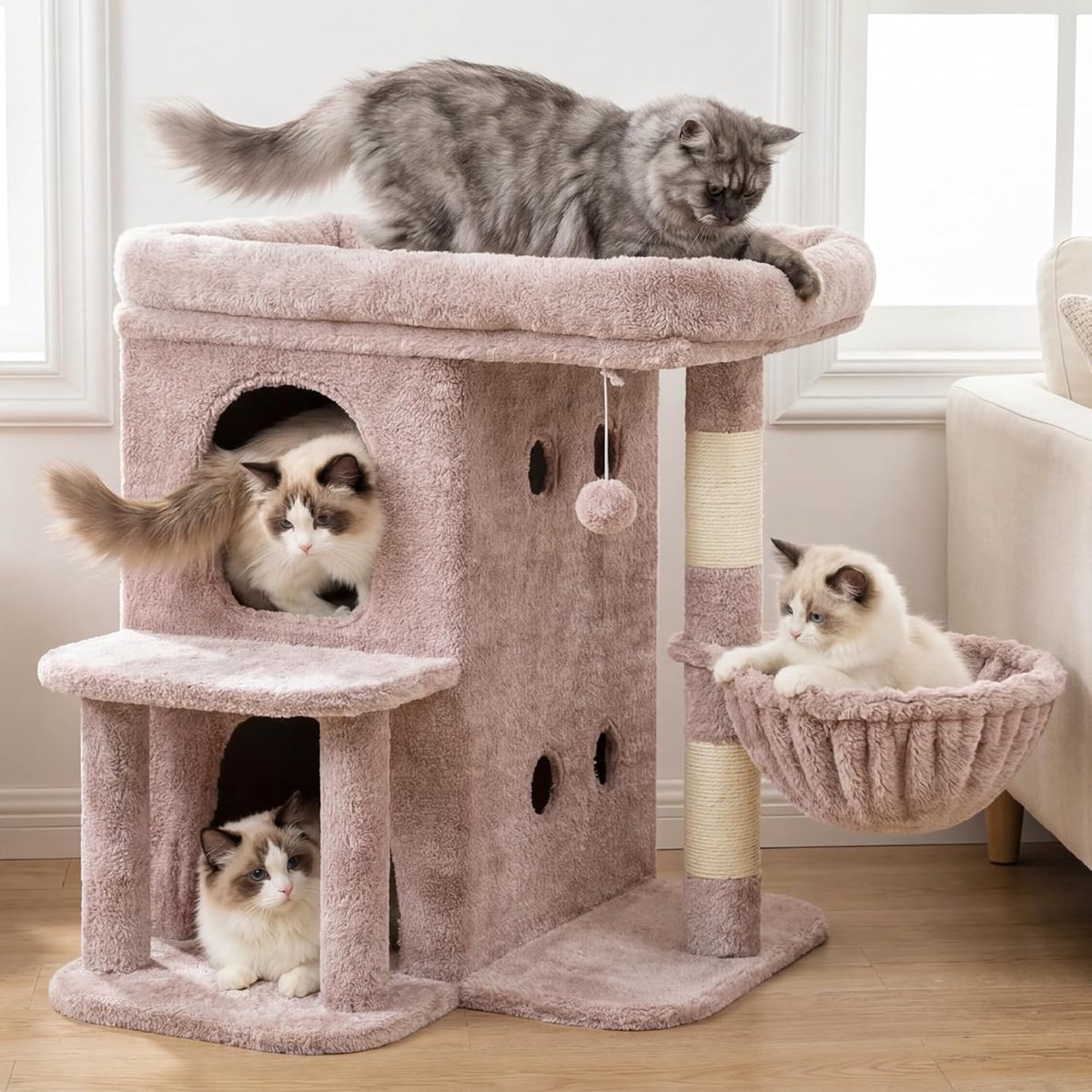 HCT204SMU Krabpaal, 65 cm hoge kattenboom met extra groot platform, gelaagd kattenmeubel met tweepersoonshuis, inclusief sisal-krabzuil, kattenmand en speelgoed voor katten, bruin-beige thumbnail 3