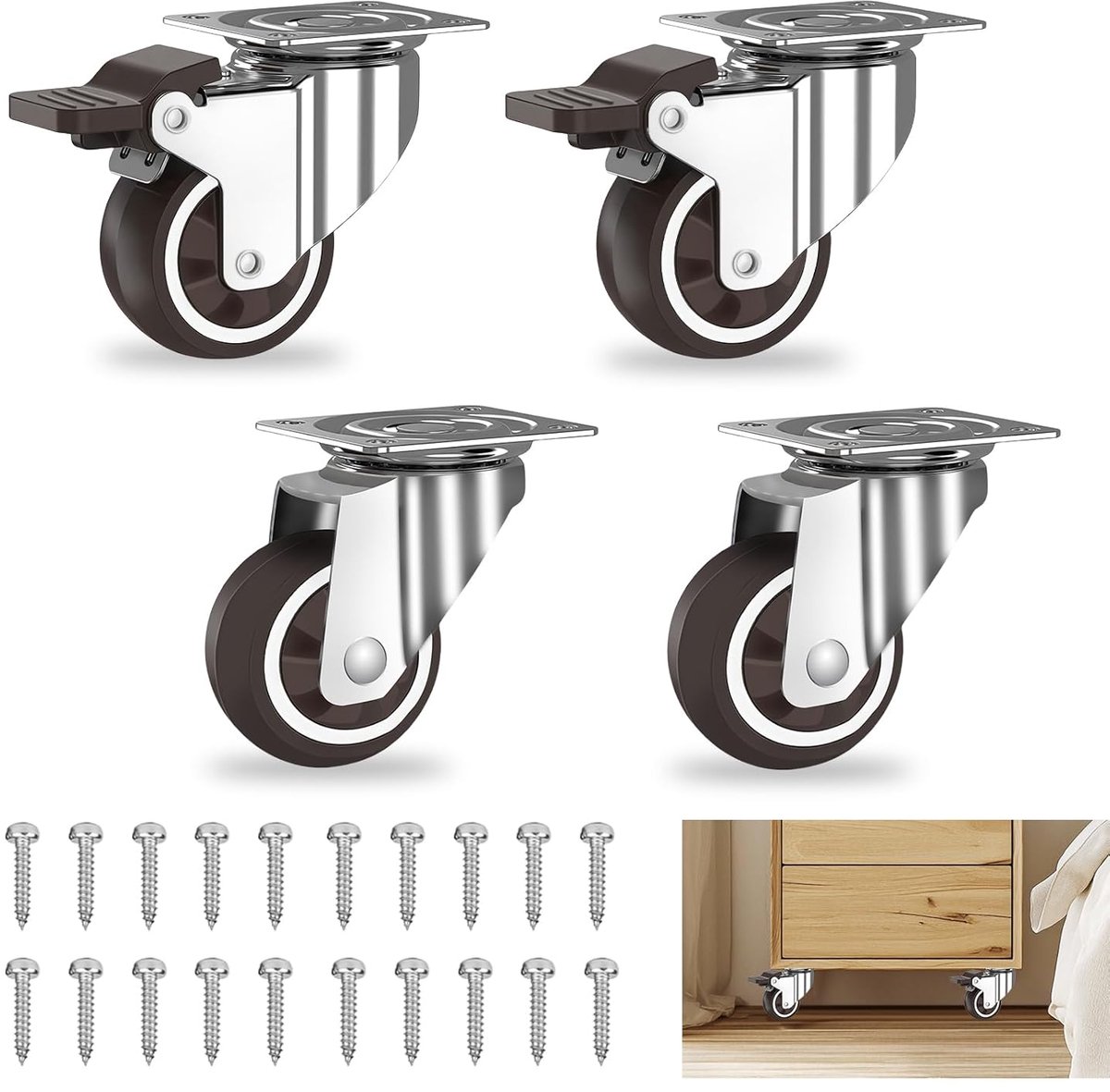 Set van 4 draaibare wielen voor meubels, waarvan 2 met rem 25mm Kleine meubelwielen voor bibliotheek, kast, tafel voor binnen en buiten