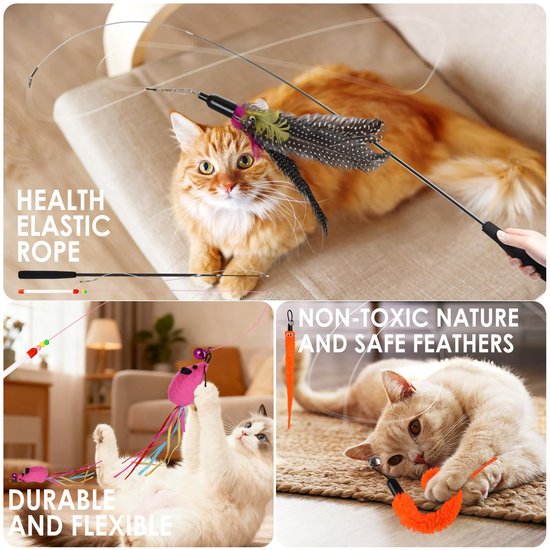 16 stuks kattenveren speelgoedset, interactief speelgoed met 2 toverstokken en 14 vervangende veerplagertjes met bel voor kitten of kattenvanger, plezier hebben oefening spelen — afbeelding 2