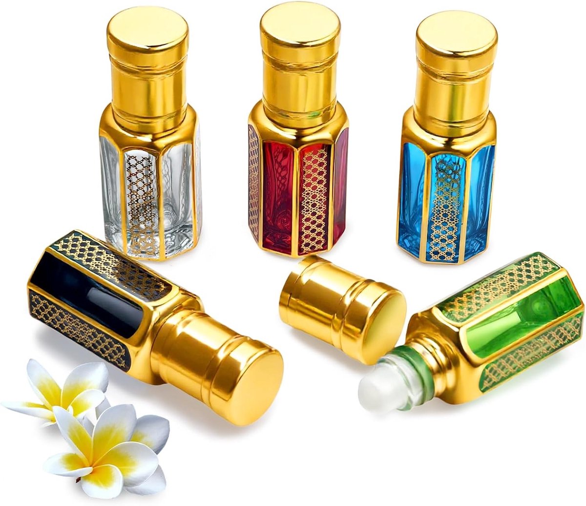 Navulbare Rollerballflessen voor Essentiële Oliën, 5 Stuks, 6 ml Glazen Flessen voor Parfum en Aromatherapie, Ideaal voor Thuisgebruik en Reizen