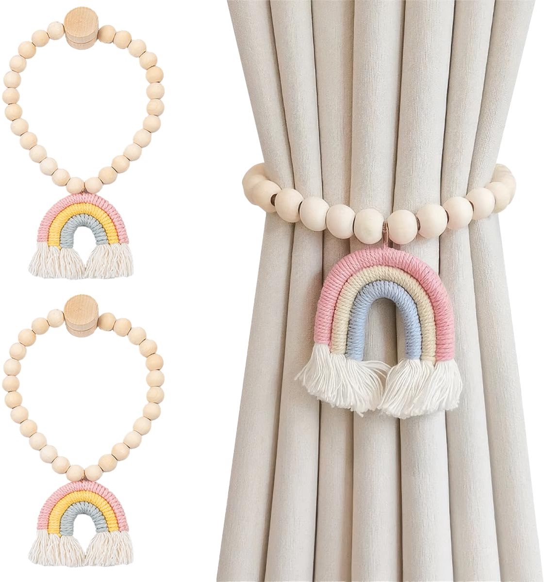 Gordijnhouders regenboog, 2 stuks, magnetische gordijnen, Tiebacks Tassels, gordijn voor kinderkamer, magnetische gordijnhouders, katoenen touwen, gordijnraffer van hout voor thuis, kantoor, thuis