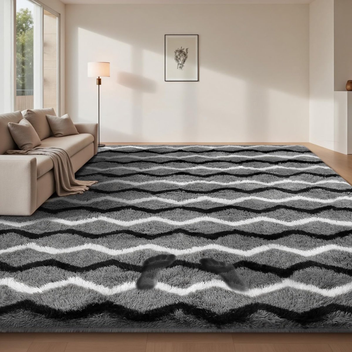 Vloerkleed Woonkamer Hoogpolig Gestreept, Tapijt Slaapkamer Antislip Wasbaar, Groot Shaggy Vloerkleed Fluffy Zacht, Modern Vloerkleed voor Lounge, Donkergrijs en zwart-wit, 200x300 cm