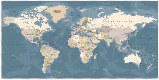 Carte politique détaillée du monde avec des pays en beige, vert et bleu, continents et océans.